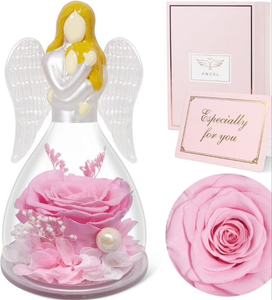 Agel pink rose preserved in an angel glass figurine