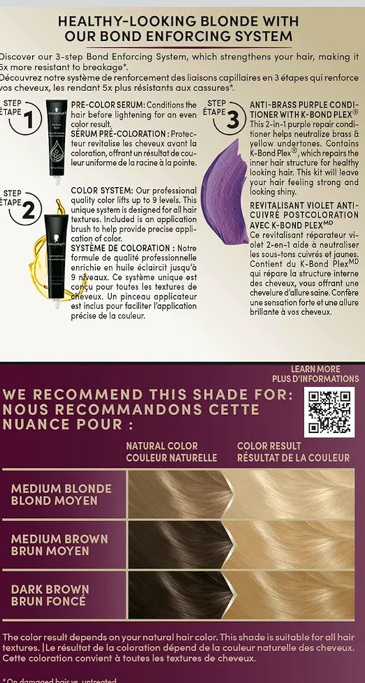 Schwarzkopf Keratin Blonde Hair Dye, 001 High Lift Platinum Blonde, Professional Quality Permanent Hair Color, Bond Enforcing System, Pre-Color Serum & Purple Conditioner Included,1 count.