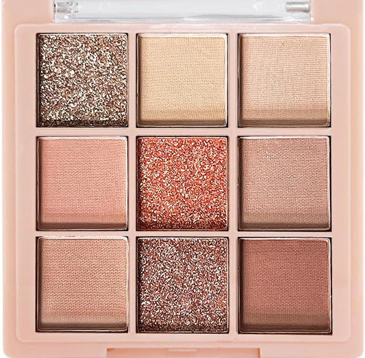 9 Colors glitter  & Shimmer matte Velvet eyeshadow powder palette golden peach  brown peach pink neutral