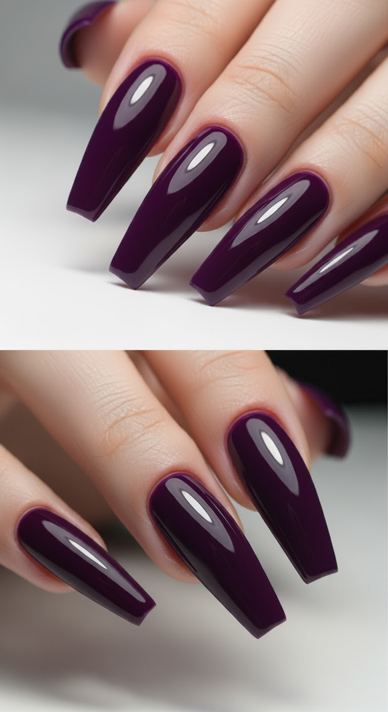 "Purple long coffin press on nails acrylic,glossy purple long reusable press on nails,long nail press on with floral design.