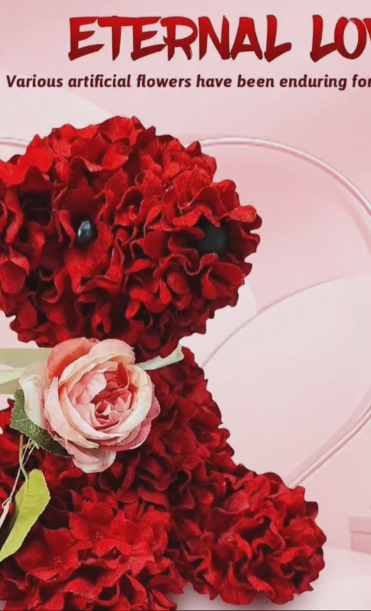 Red teddy bear made of petals the perfect limited time item in a clear gift box.