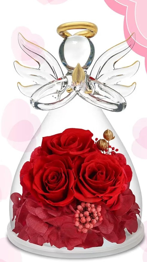 3 Red roses preserved in an angel glass figurine,the perfect gift.