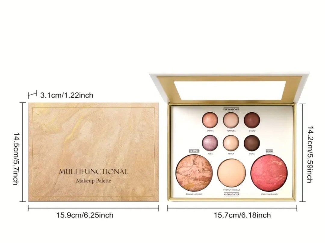 Multifunctional makeup one palette covers multiple uses  blush,contouring  and eyeshadow ,highlighter rich color delicate  longlasting makeup fine texture. 1 count