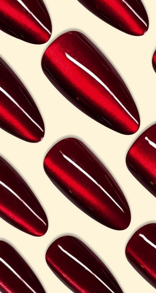 Red almond long press on nails nail kit included.