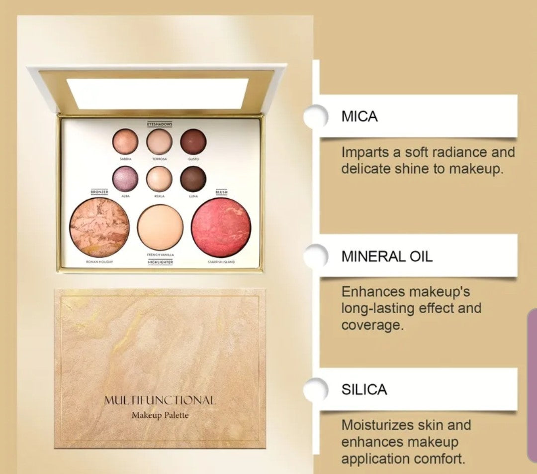 Multifunctional makeup one palette covers multiple uses  blush,contouring  and eyeshadow ,highlighter rich color delicate  longlasting makeup fine texture. 1 count