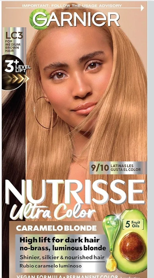 Garnier Nutrisse Ultra Color Hair Color, Permanent Hair Dye Bold, Vibrant Results, Vegan & Cruelty-Free, LC3 Hi-Lift Blonde (Tres Leches),Caramelo blonde.1 count