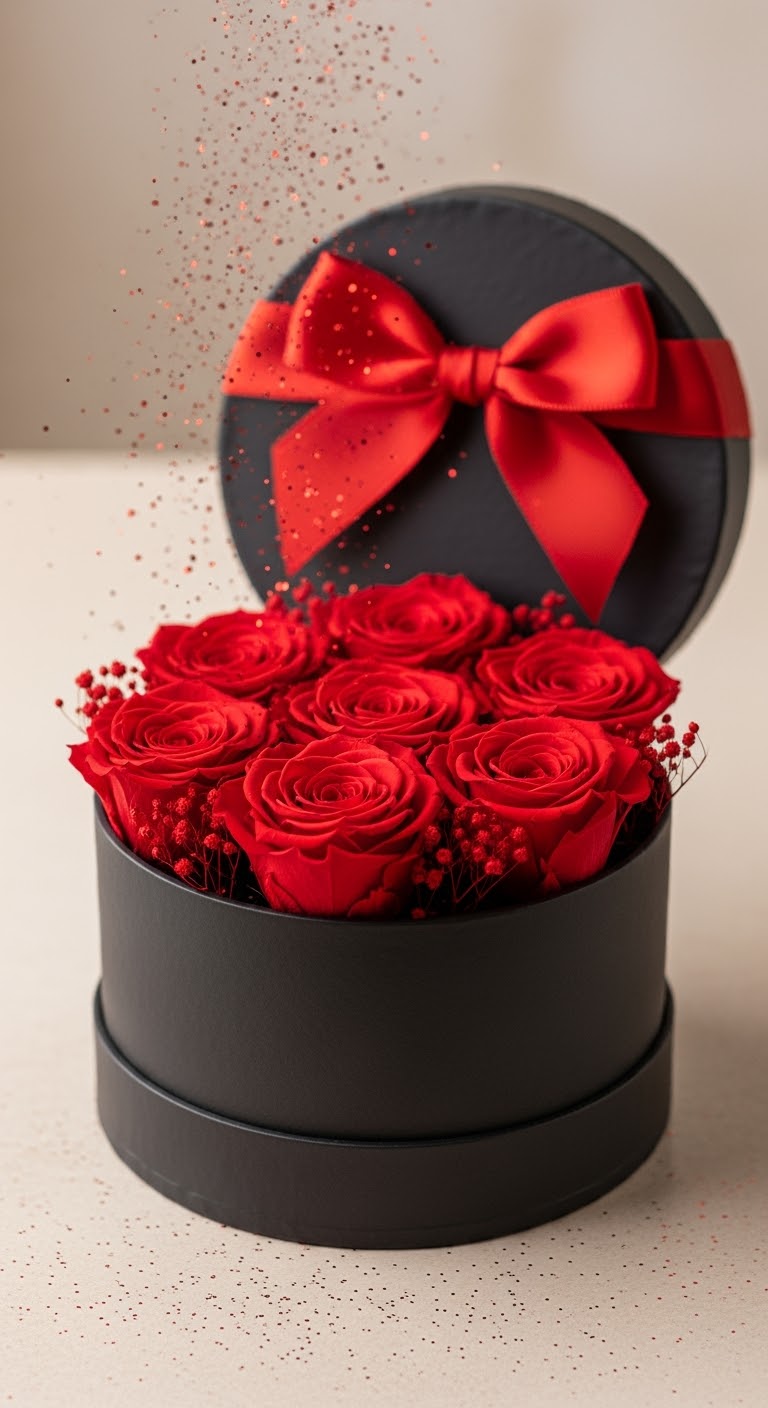 Red preserved flowers 7 in a gift black box