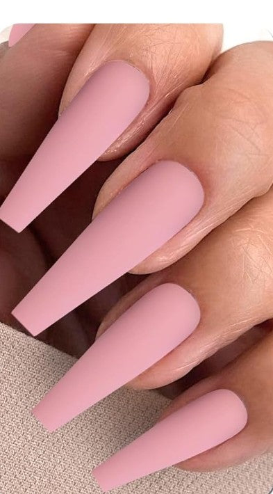 Long coffin pinknpress on nails nail kit included.