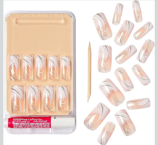 Goldfinger Full Cover White French Design Press on Nails Ready to Wear Gel Manicure Long Nails, , Long Lasting Durable, Mini Glue Included