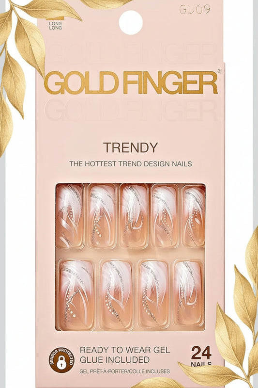 Goldfinger Full Cover White French Design Press on Nails Ready to Wear Gel Manicure Long Nails, , Long Lasting Durable, Mini Glue Included