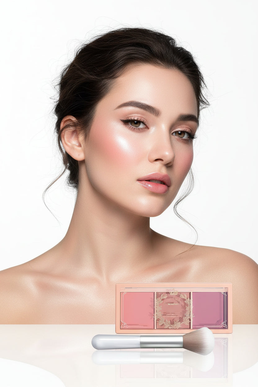 3 Color Blush Palette with Brush for Cheeks - Natural Matte Pink Contour Powder Blush, 3 in 1 Long Lasting, Blendable, Travel Size for Face Beauty, Blendable Trio for Cheeks, All Skin Tones Vegan  with brush.
