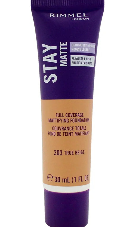 Rimmel London Stay Matte Liquid longlasting Mousse - 203 True Beige - Foundation, Lightweight, Shine Control, Oil-Free, 1oz
